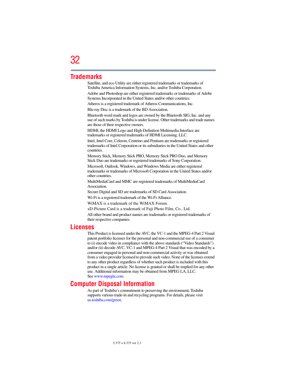 Trademarks, Licenses, Computer disposal information | Toshiba SATELLITE E300 User Manual | Page 32 / 213