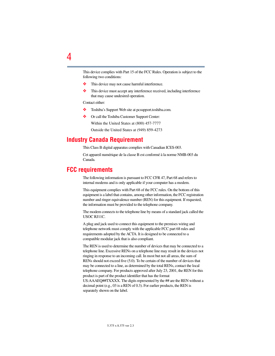 Industry canada requirement, Fcc requirements | Toshiba SATELLITE E300 User Manual | Page 4 / 213