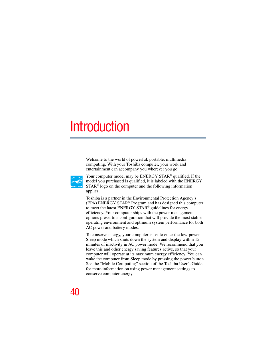 Introduction | Toshiba SATELLITE E300 User Manual | Page 40 / 213