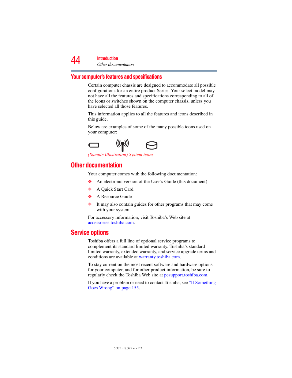 Your computer’s features and specifications, Other documentation, Service options | Other documentation service options | Toshiba SATELLITE E300 User Manual | Page 44 / 213