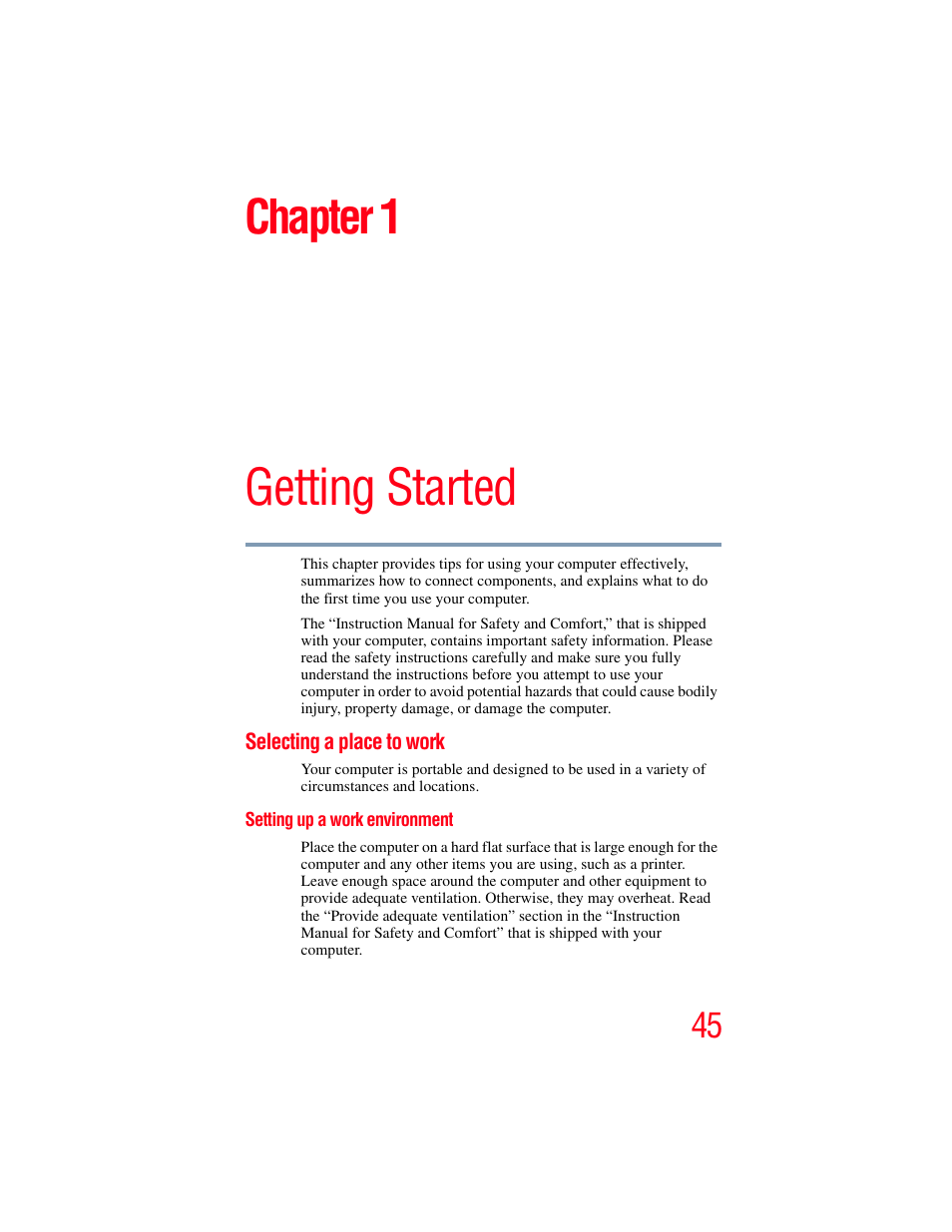 Chapter 1: getting started, Selecting a place to work, Setting up a work environment | Getting started, Chapter 1 | Toshiba SATELLITE E300 User Manual | Page 45 / 213