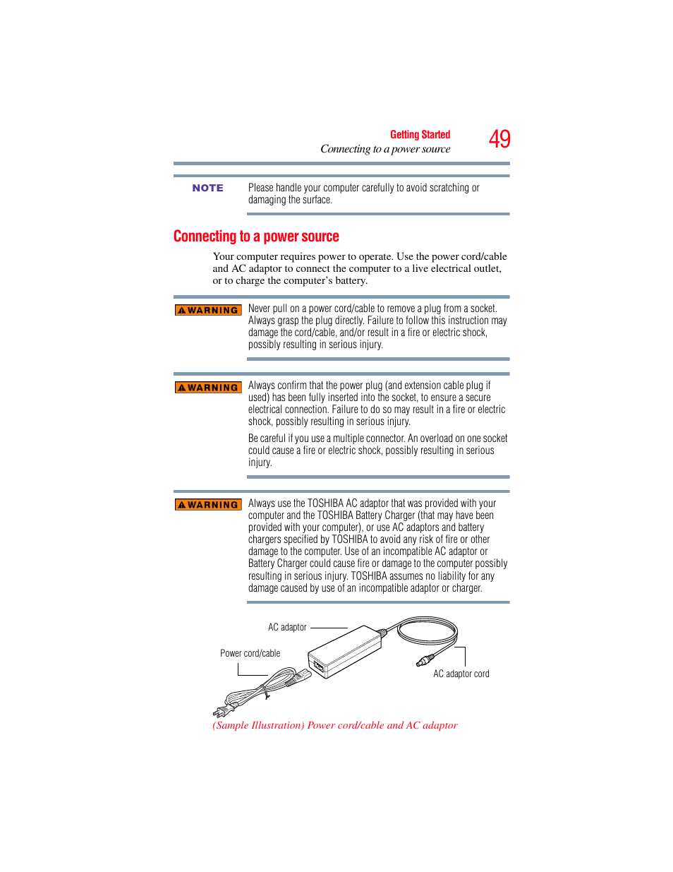 Connecting to a power source | Toshiba SATELLITE E300 User Manual | Page 49 / 213