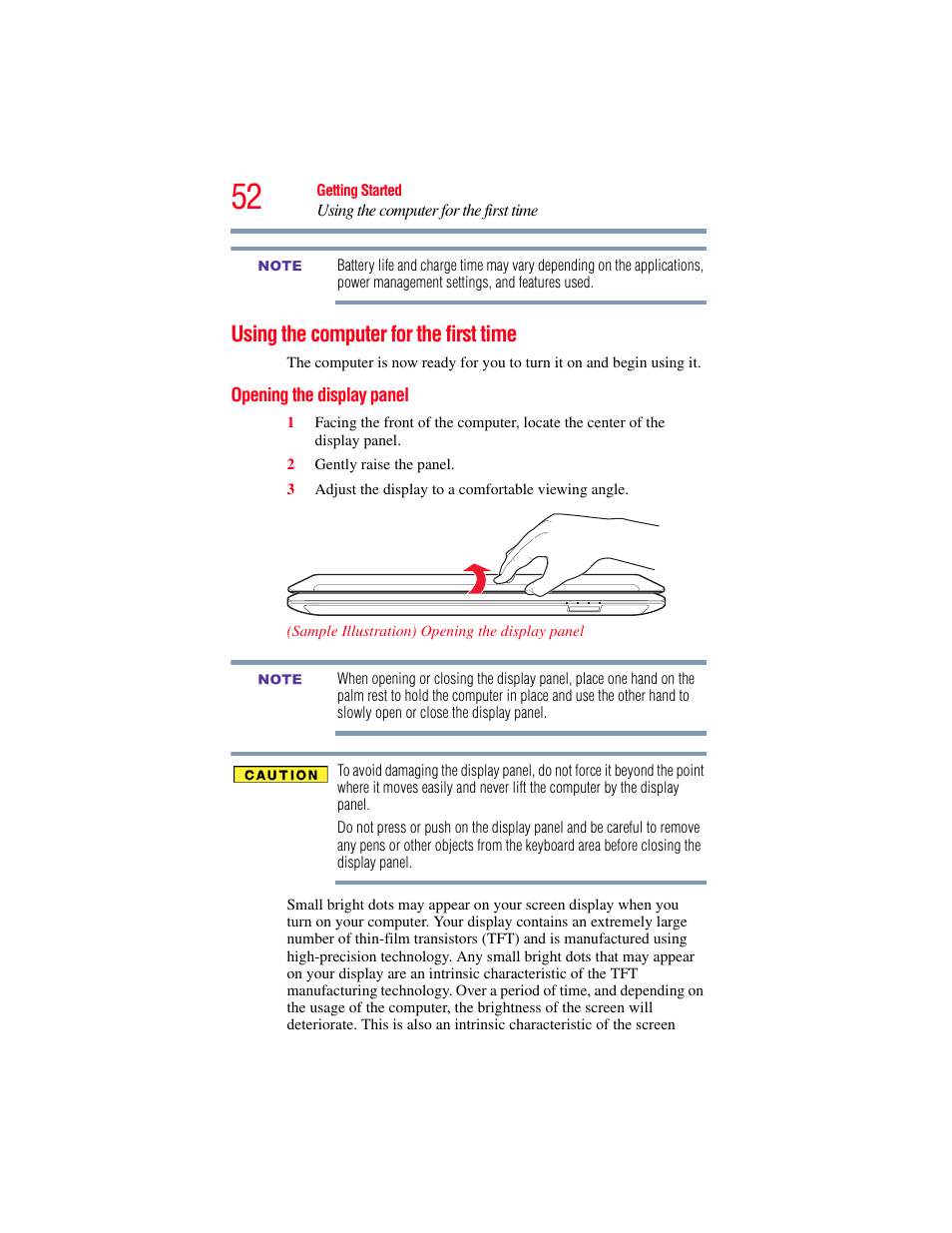 Using the computer for the first time, Opening the display panel | Toshiba SATELLITE E300 User Manual | Page 52 / 213