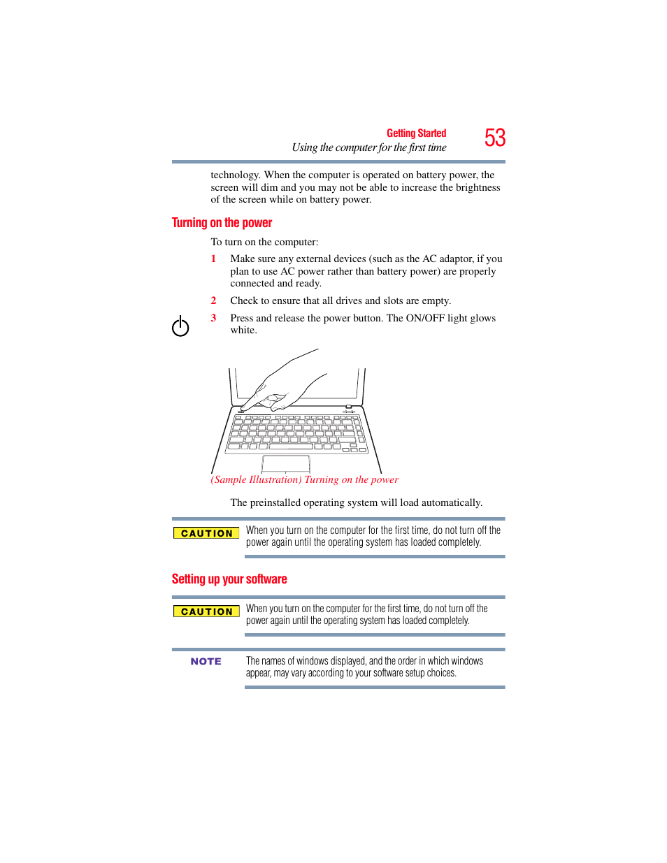 Turning on the power, Setting up your software, Turning on the power setting up your software | Toshiba SATELLITE E300 User Manual | Page 53 / 213