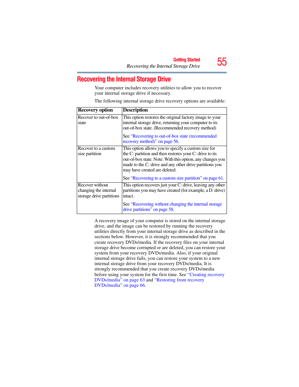 Recovering the internal storage drive | Toshiba SATELLITE E300 User Manual | Page 55 / 213