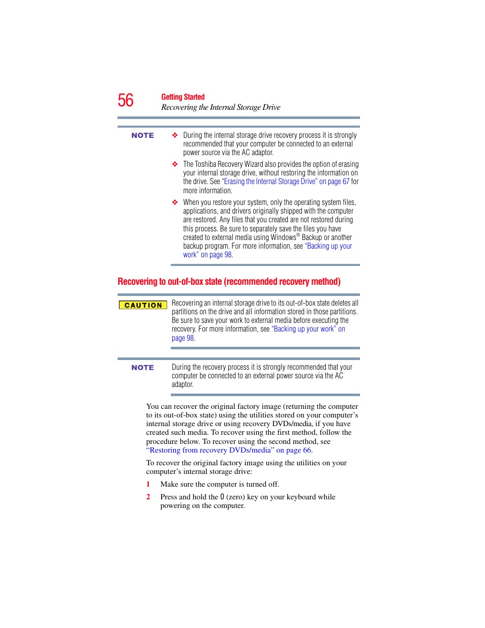 Recovering to out-of-box state, Recommended recovery method), Recovering to out-of-box state (recommended | Toshiba SATELLITE E300 User Manual | Page 56 / 213