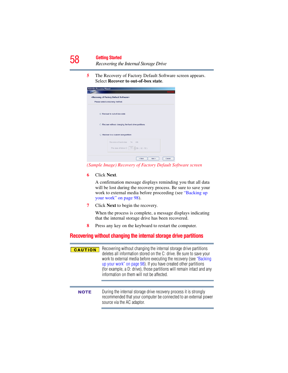 Recovering without changing the internal, Storage drive partitions, Recovering without changing the internal storage | Toshiba SATELLITE E300 User Manual | Page 58 / 213