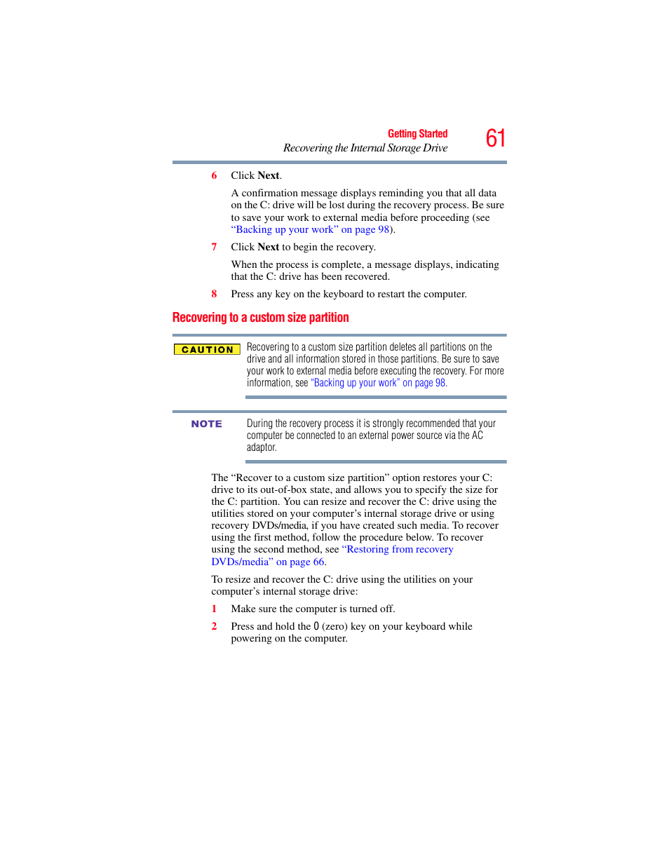 Recovering to a custom size partition | Toshiba SATELLITE E300 User Manual | Page 61 / 213