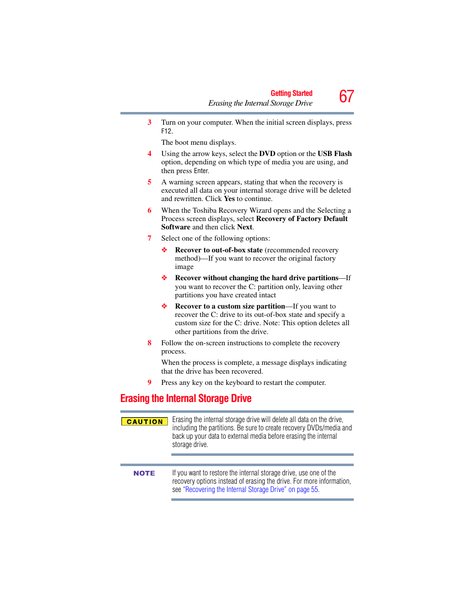 Erasing the internal storage drive | Toshiba SATELLITE E300 User Manual | Page 67 / 213