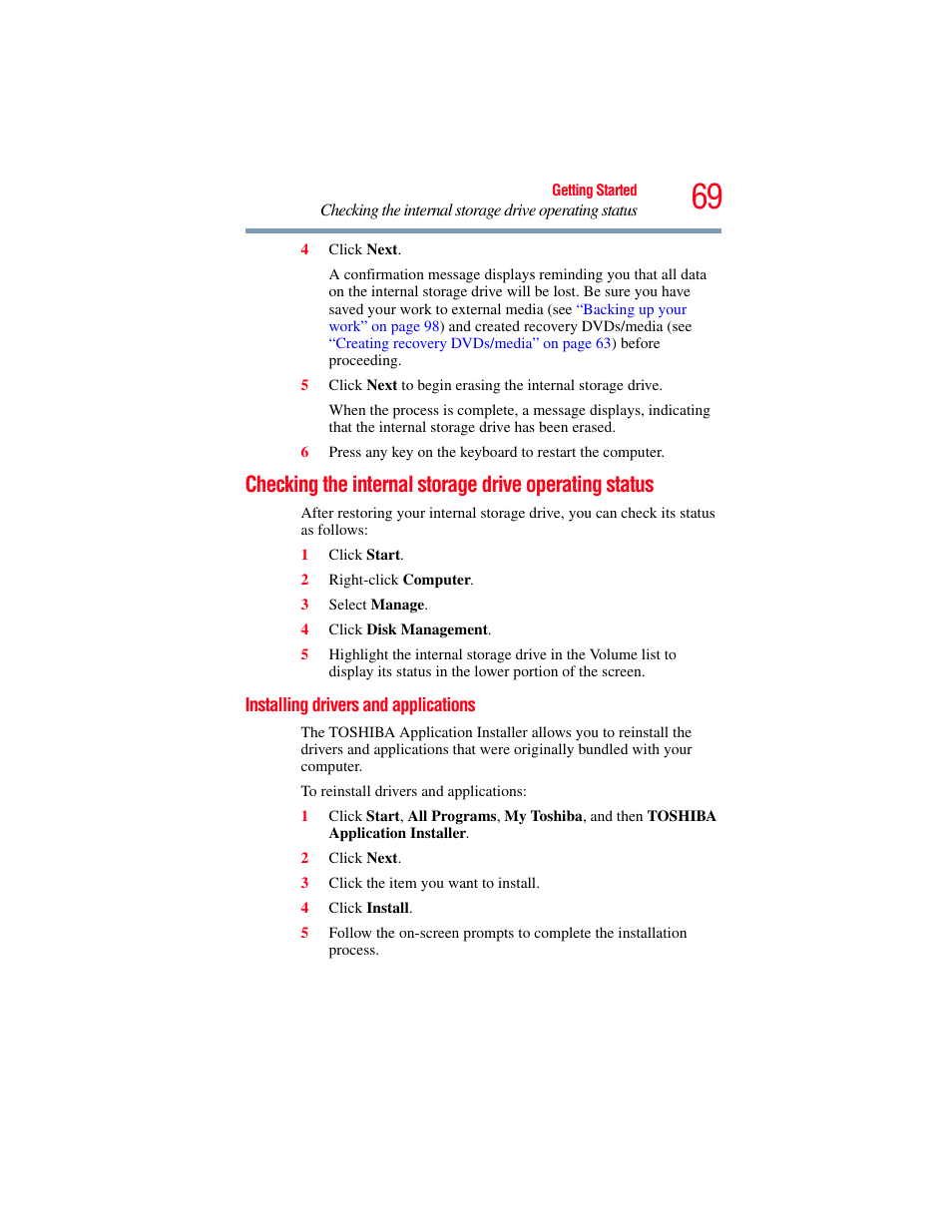 Installing drivers and applications, Checking the internal storage drive operating, Status installing drivers and applications | Toshiba SATELLITE E300 User Manual | Page 69 / 213