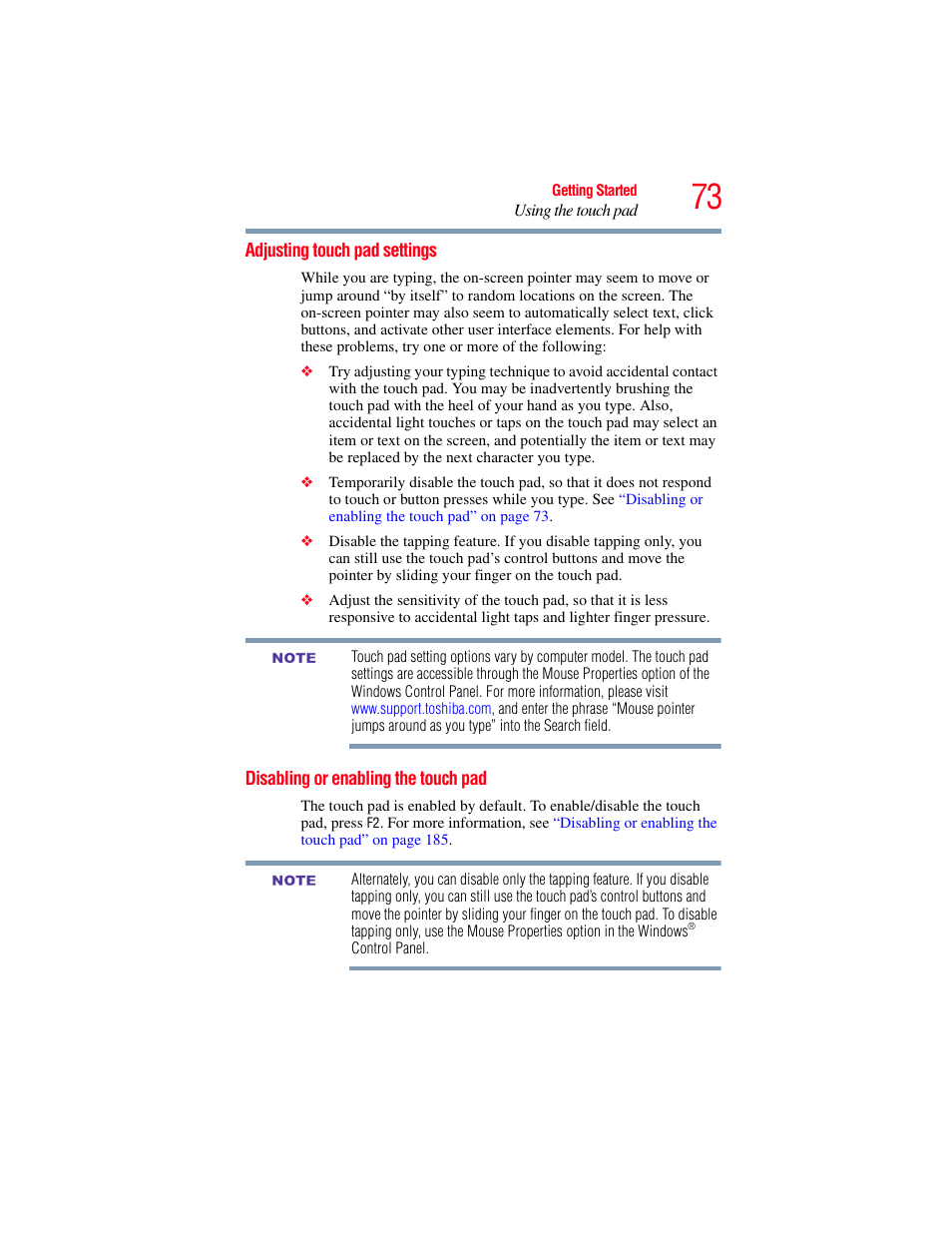 Adjusting touch pad settings, Disabling or enabling the touch pad | Toshiba SATELLITE E300 User Manual | Page 73 / 213