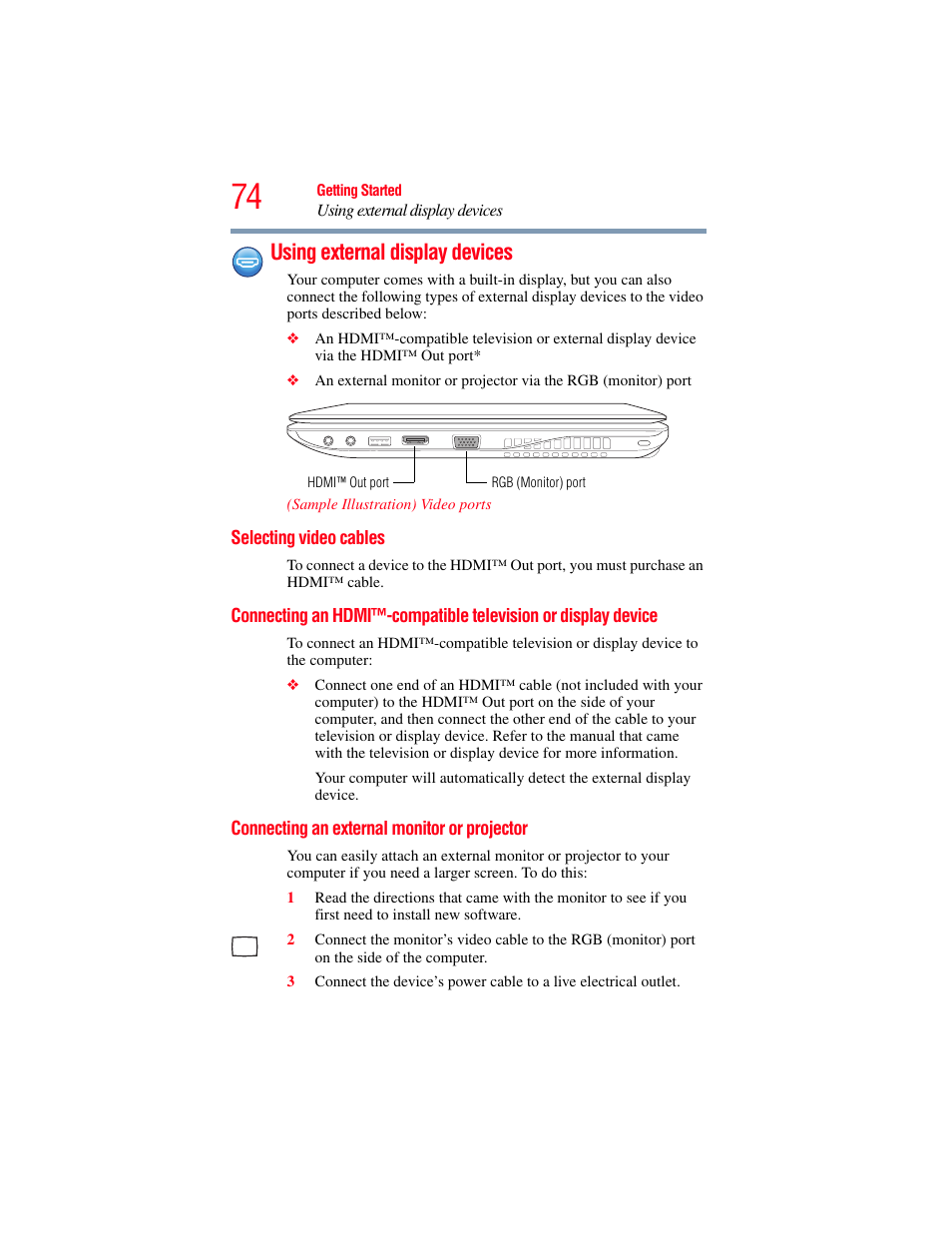 Using external display devices, Selecting video cables, Connecting an external monitor or projector | Television or display device, Using external display | Toshiba SATELLITE E300 User Manual | Page 74 / 213