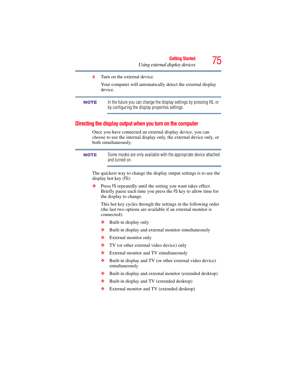 Directing the display output when you, Turn on the computer | Toshiba SATELLITE E300 User Manual | Page 75 / 213