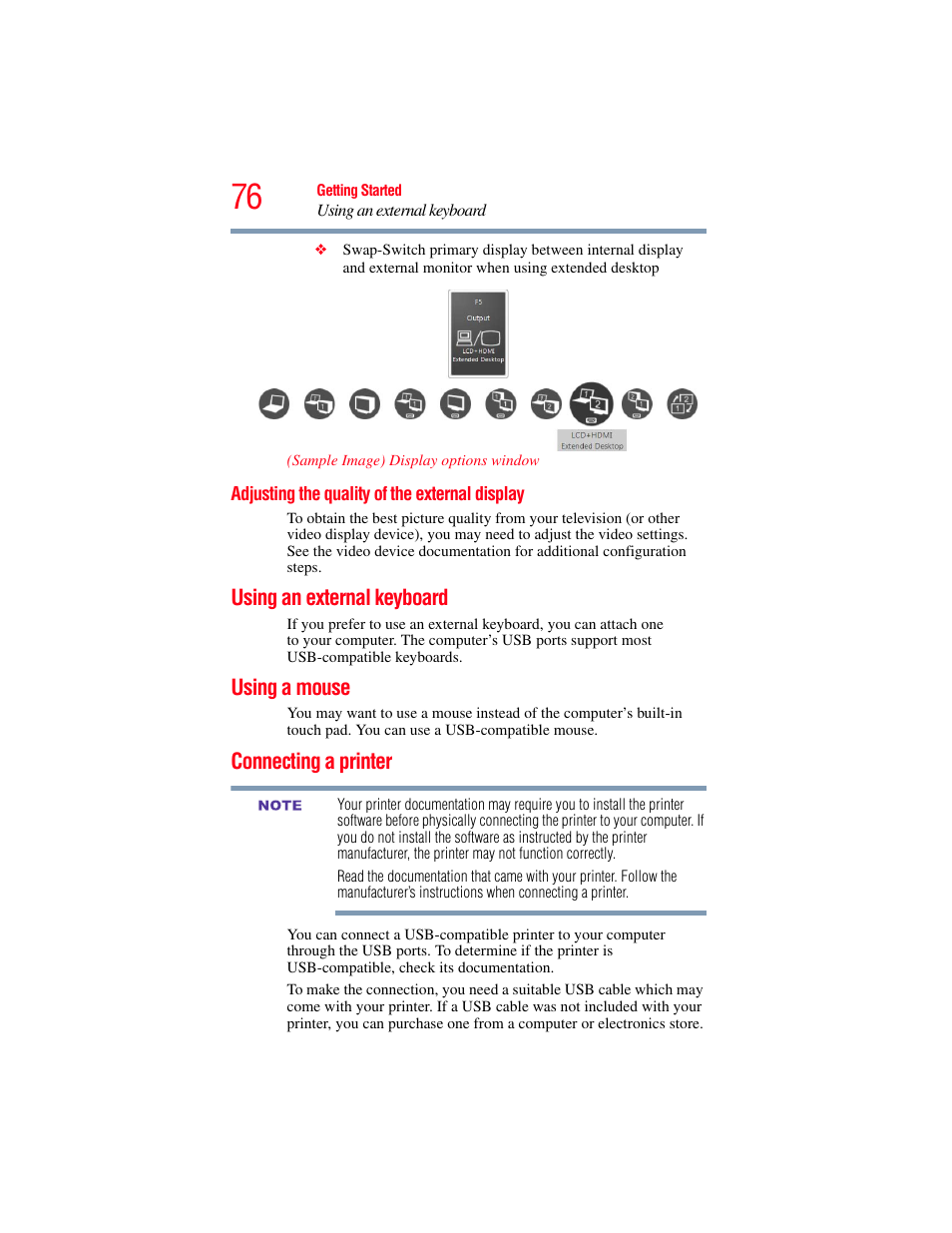 Adjusting the quality of the external display, Using an external keyboard, Using a mouse | Connecting a printer, Yboard (see, Using an external | Toshiba SATELLITE E300 User Manual | Page 76 / 213