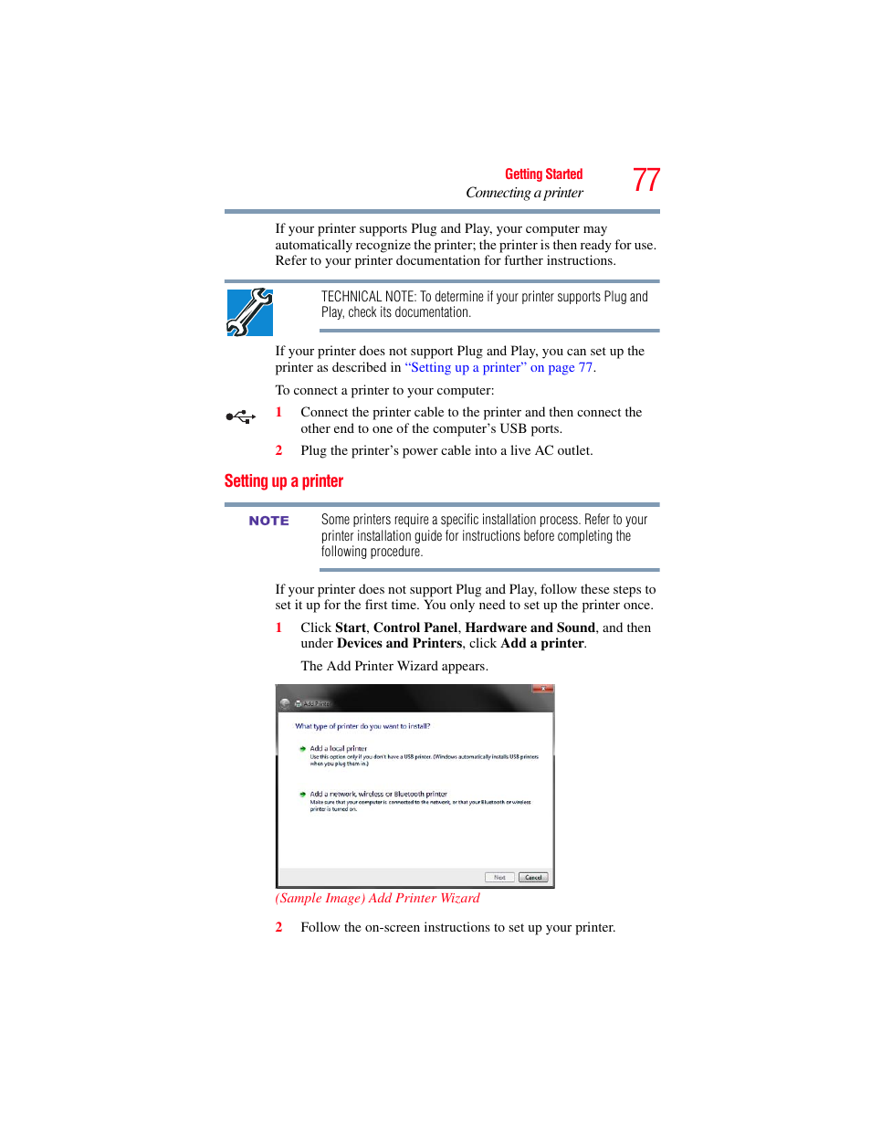 Setting up a printer | Toshiba SATELLITE E300 User Manual | Page 77 / 213