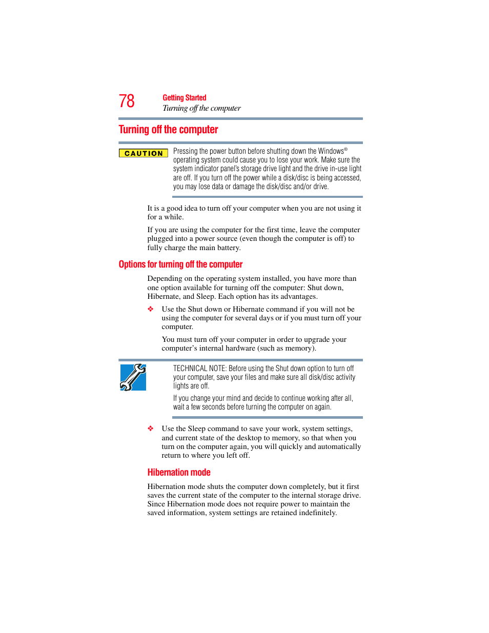 Turning off the computer, Options for turning off the computer | Toshiba SATELLITE E300 User Manual | Page 78 / 213