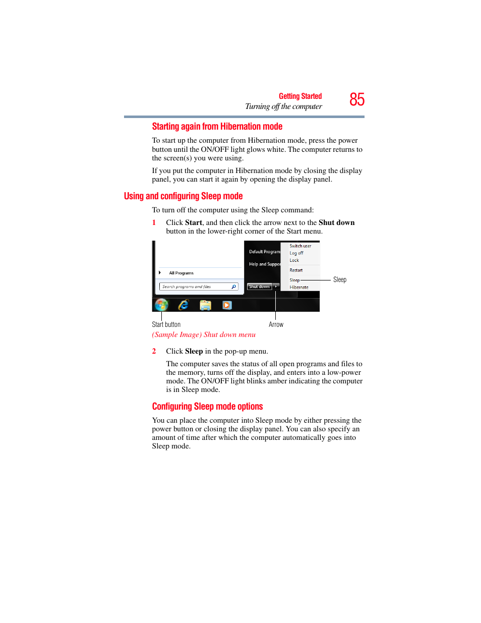 Using and configuring sleep mode | Toshiba SATELLITE E300 User Manual | Page 85 / 213