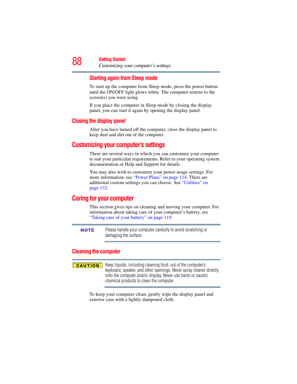 Closing the display panel, Customizing your computer’s settings, Caring for your computer | Cleaning the computer | Toshiba SATELLITE E300 User Manual | Page 88 / 213