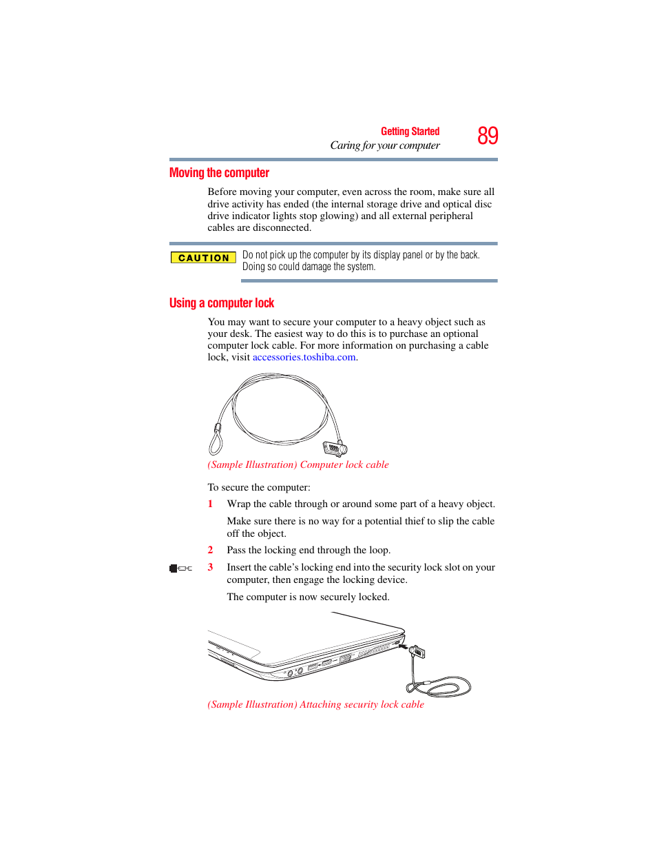 Moving the computer, Using a computer lock, Moving the computer using a computer lock | Toshiba SATELLITE E300 User Manual | Page 89 / 213