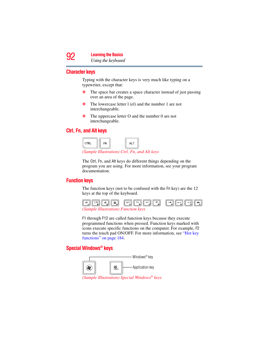 Character keys, Ctrl, fn, and alt keys, Function keys | Special windows® keys, Keys | Toshiba SATELLITE E300 User Manual | Page 92 / 213