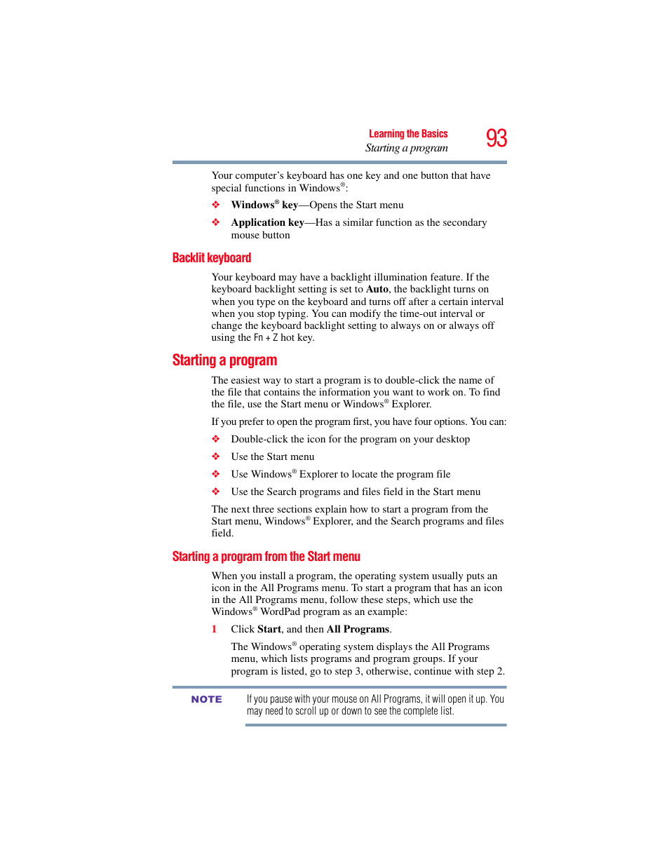 Backlit keyboard, Starting a program, Starting a program from the start menu | Toshiba SATELLITE E300 User Manual | Page 93 / 213