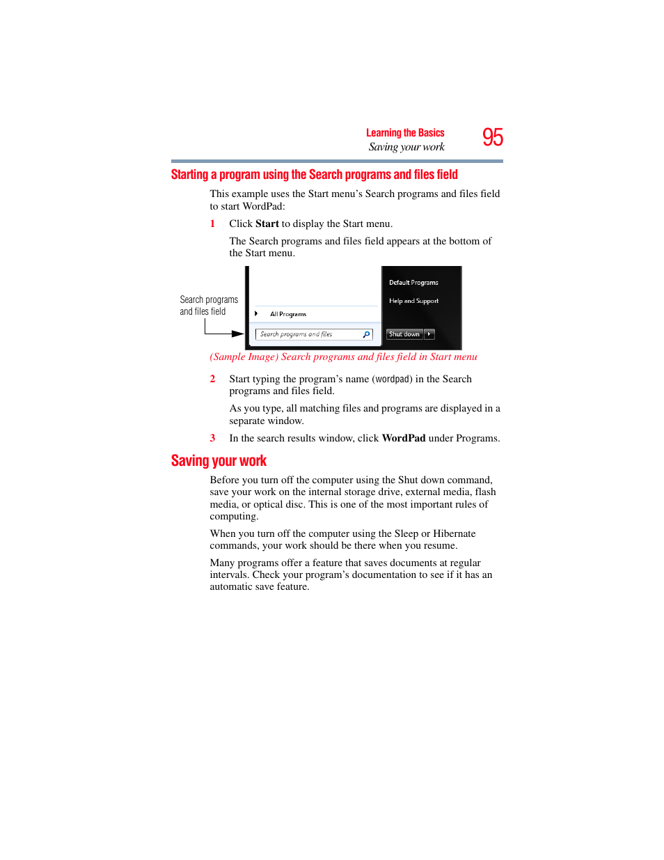 Saving your work, Starting a program using the search, Programs and files field | Toshiba SATELLITE E300 User Manual | Page 95 / 213