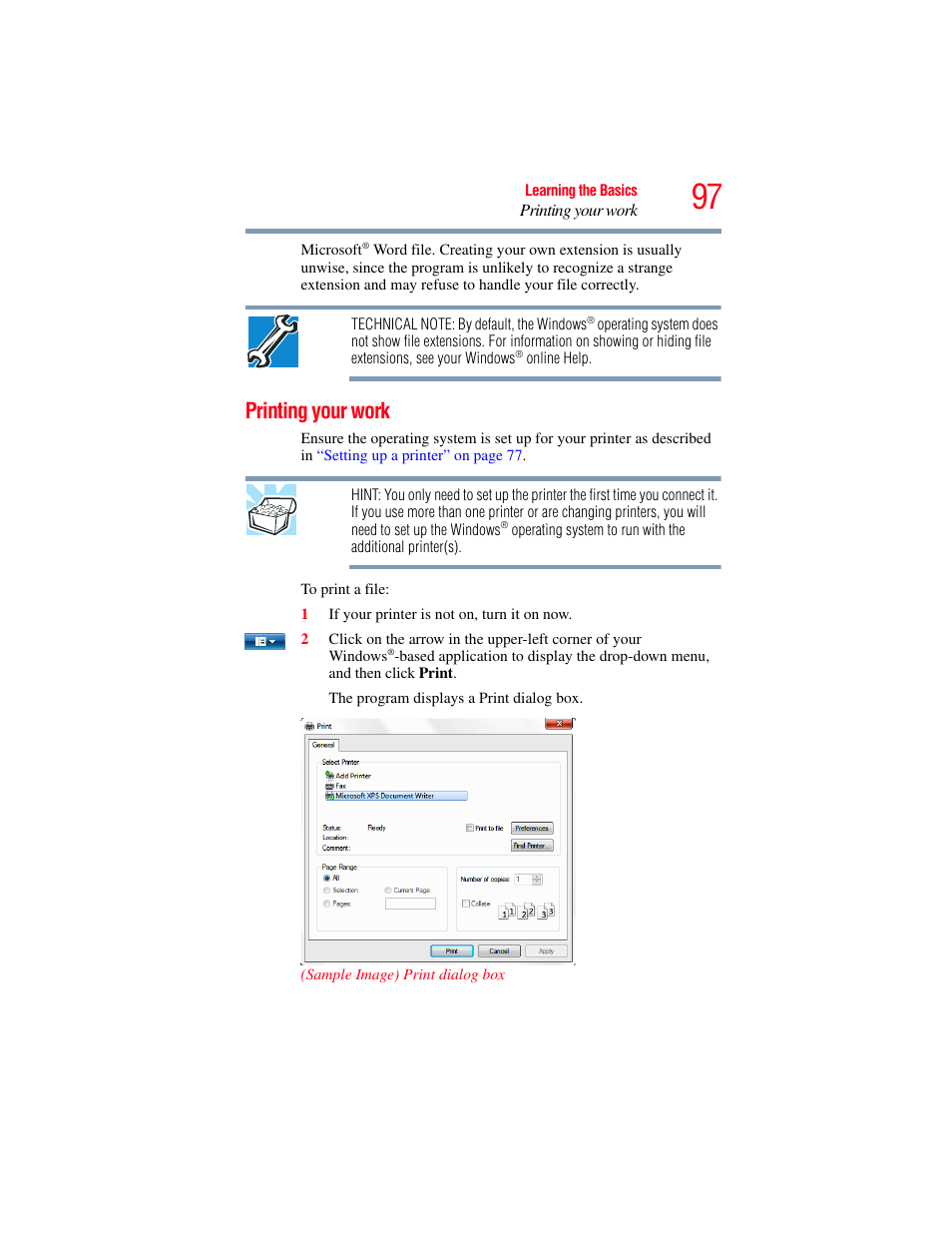 Printing your work | Toshiba SATELLITE E300 User Manual | Page 97 / 213