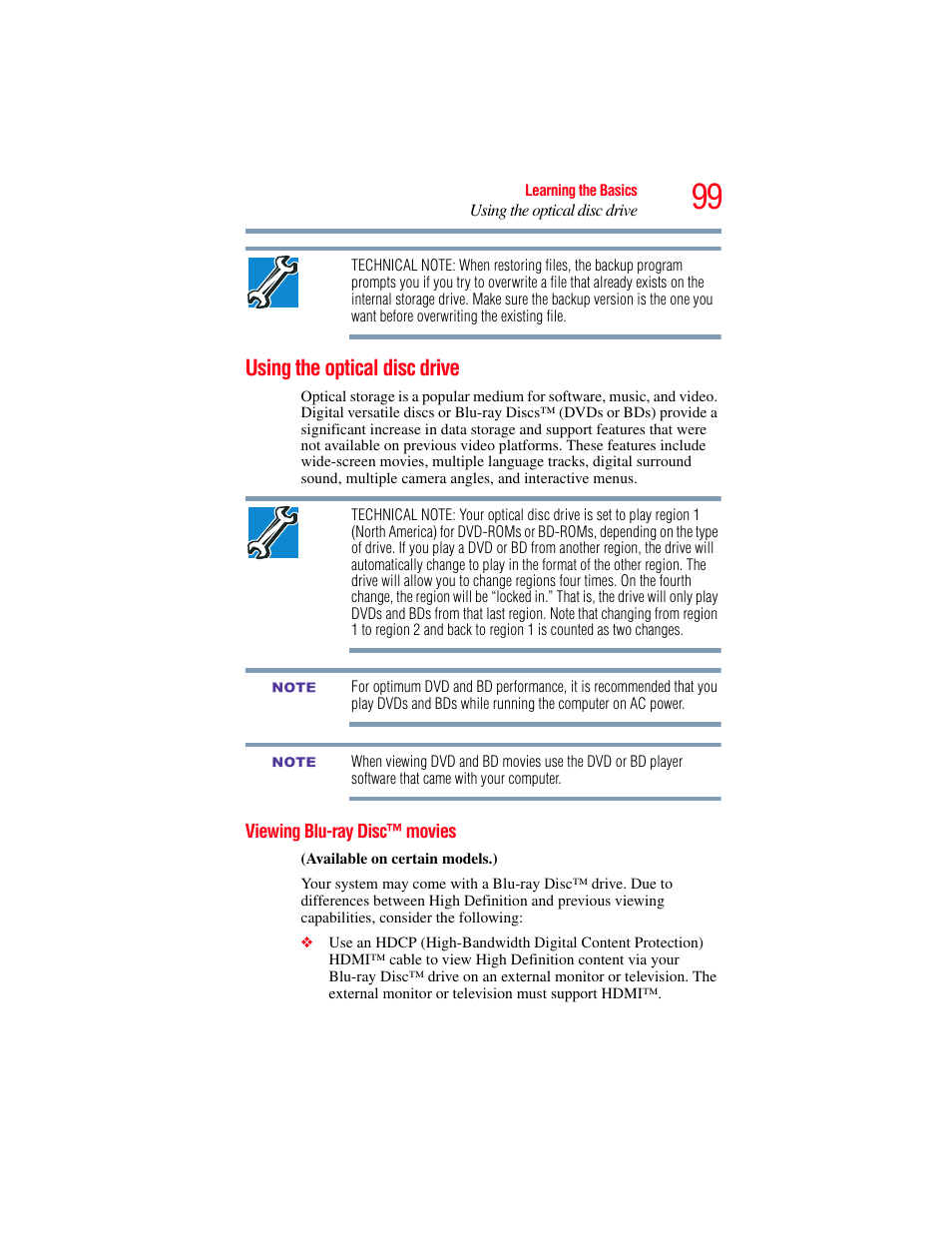 Using the optical disc drive, Viewing blu-ray disc™ movies | Toshiba SATELLITE E300 User Manual | Page 99 / 213