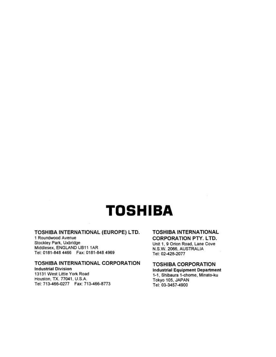 Toshiba international (europe) ltd, Toshiba international corporation, Toshiba | Toshiba Programmable Controller PROSEC T3 User Manual | Page 100 / 100