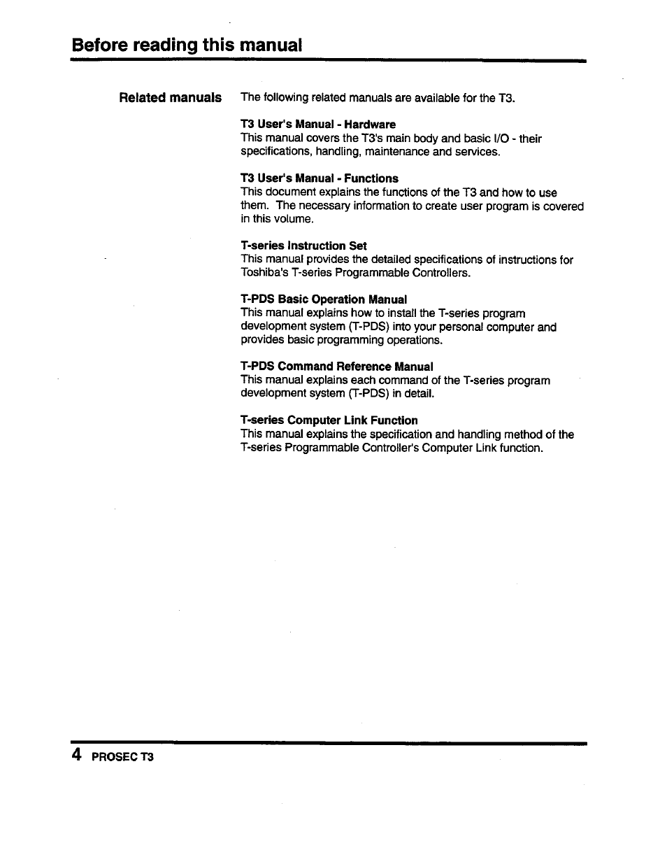 T3 user's manual - hardware, T3 user's manual - functions, T-series instruction set | T-pds basic operation manuai, T-pds command reference manual, T-series computer link function, Before reading this manuai | Toshiba Programmable Controller PROSEC T3 User Manual | Page 12 / 100