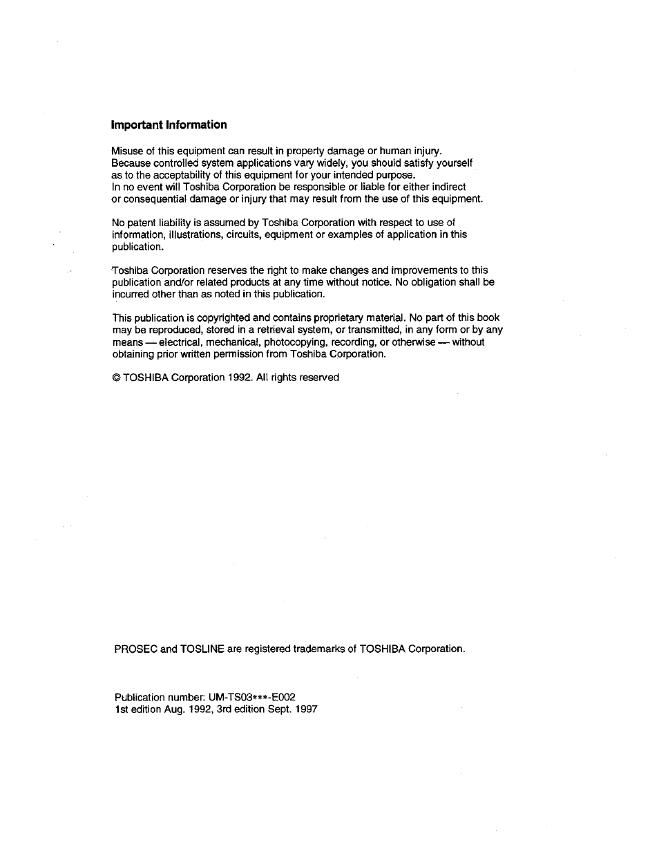 Important information | Toshiba Programmable Controller PROSEC T3 User Manual | Page 2 / 100