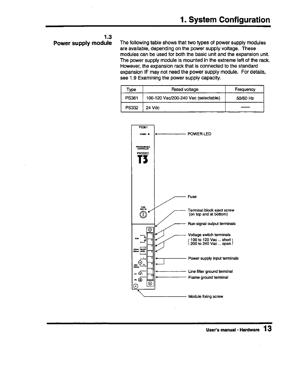 System configuration, 3 power supply module | Toshiba Programmable Controller PROSEC T3 User Manual | Page 21 / 100