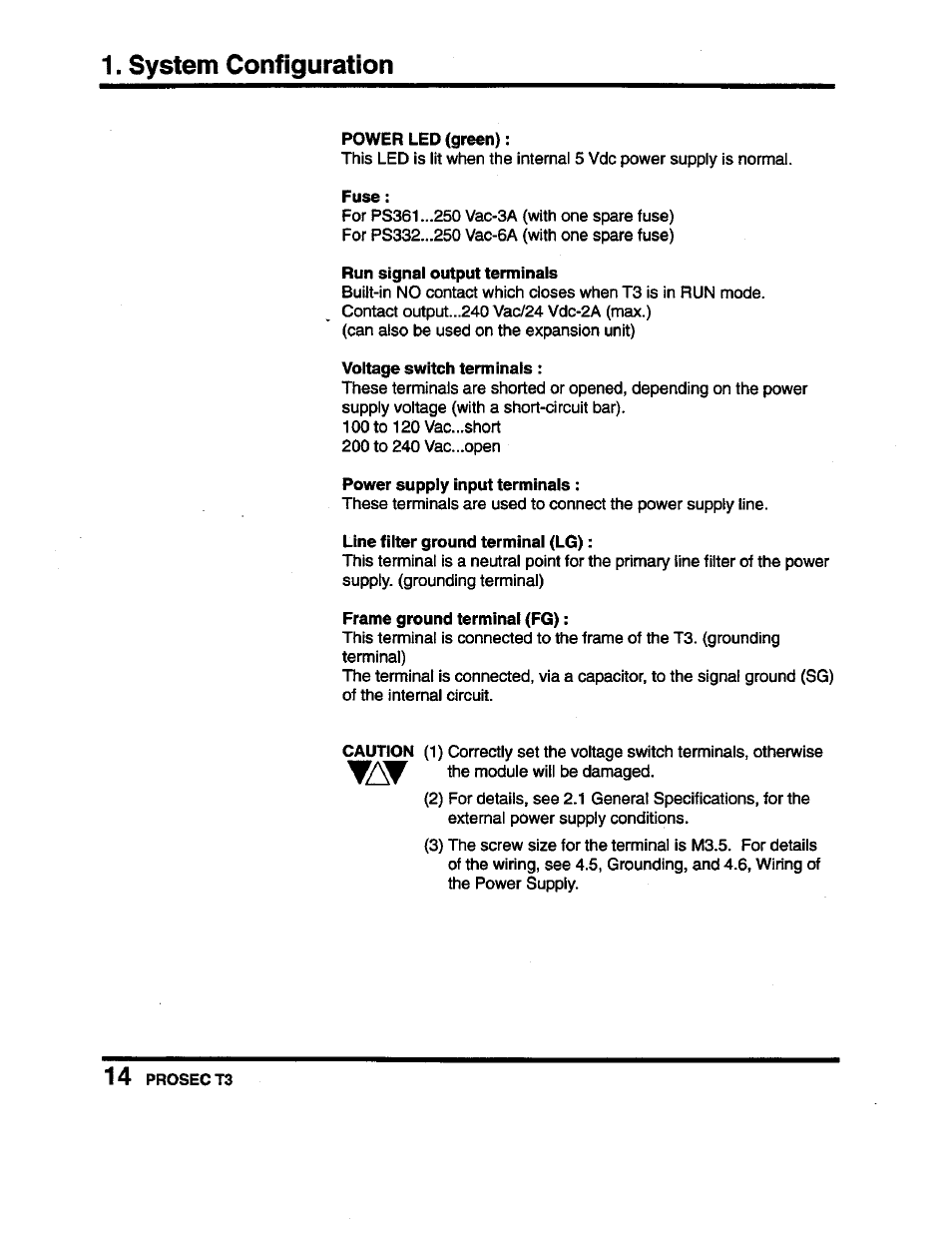 Power led (green), Fuse, Run signal output terminals | Voltage switch terminals, Power supply input terminals, Line filter ground terminal (lg), Frame ground terminal (fg), System configuration | Toshiba Programmable Controller PROSEC T3 User Manual | Page 22 / 100