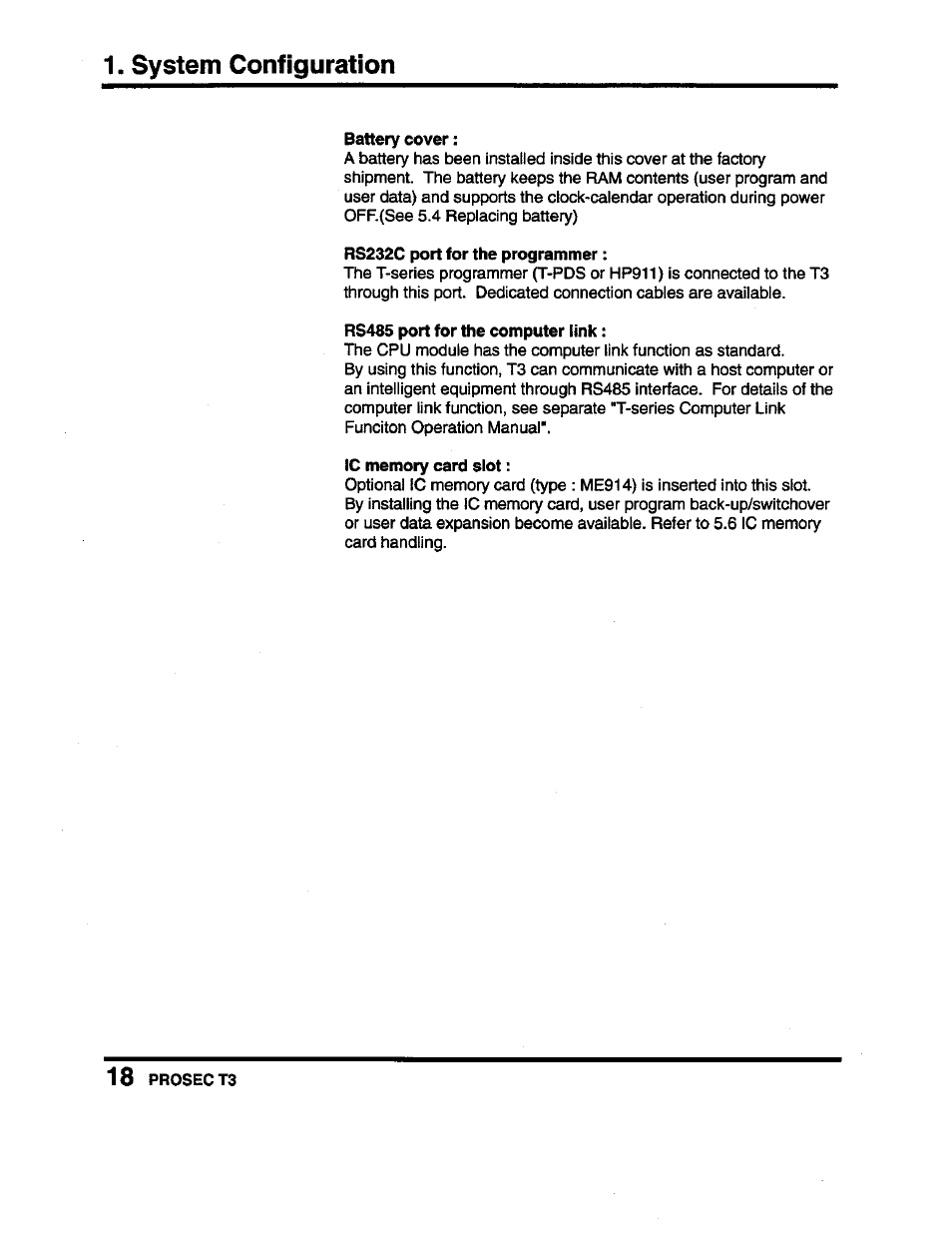 Battery cover, Rs232c port for the programmer, Rs485 port for the computer link | Ic memory card slot, System configuration | Toshiba Programmable Controller PROSEC T3 User Manual | Page 26 / 100