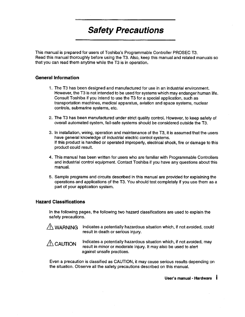 General information, Hazard classifications, Safety precautions | Toshiba Programmable Controller PROSEC T3 User Manual | Page 3 / 100