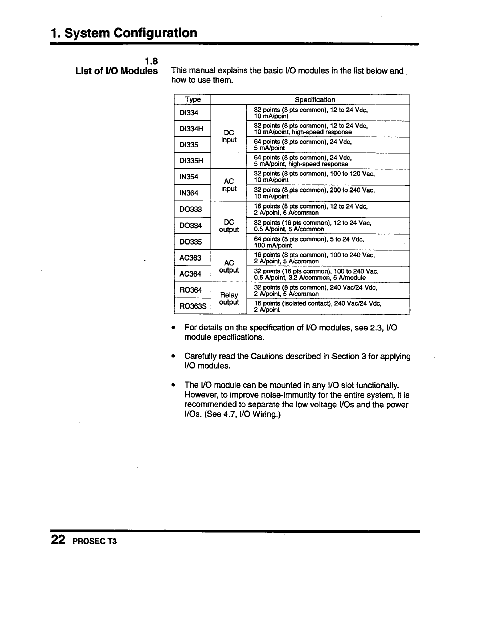 System configuration, List of i/o modules, Prosec t3 | Toshiba Programmable Controller PROSEC T3 User Manual | Page 30 / 100