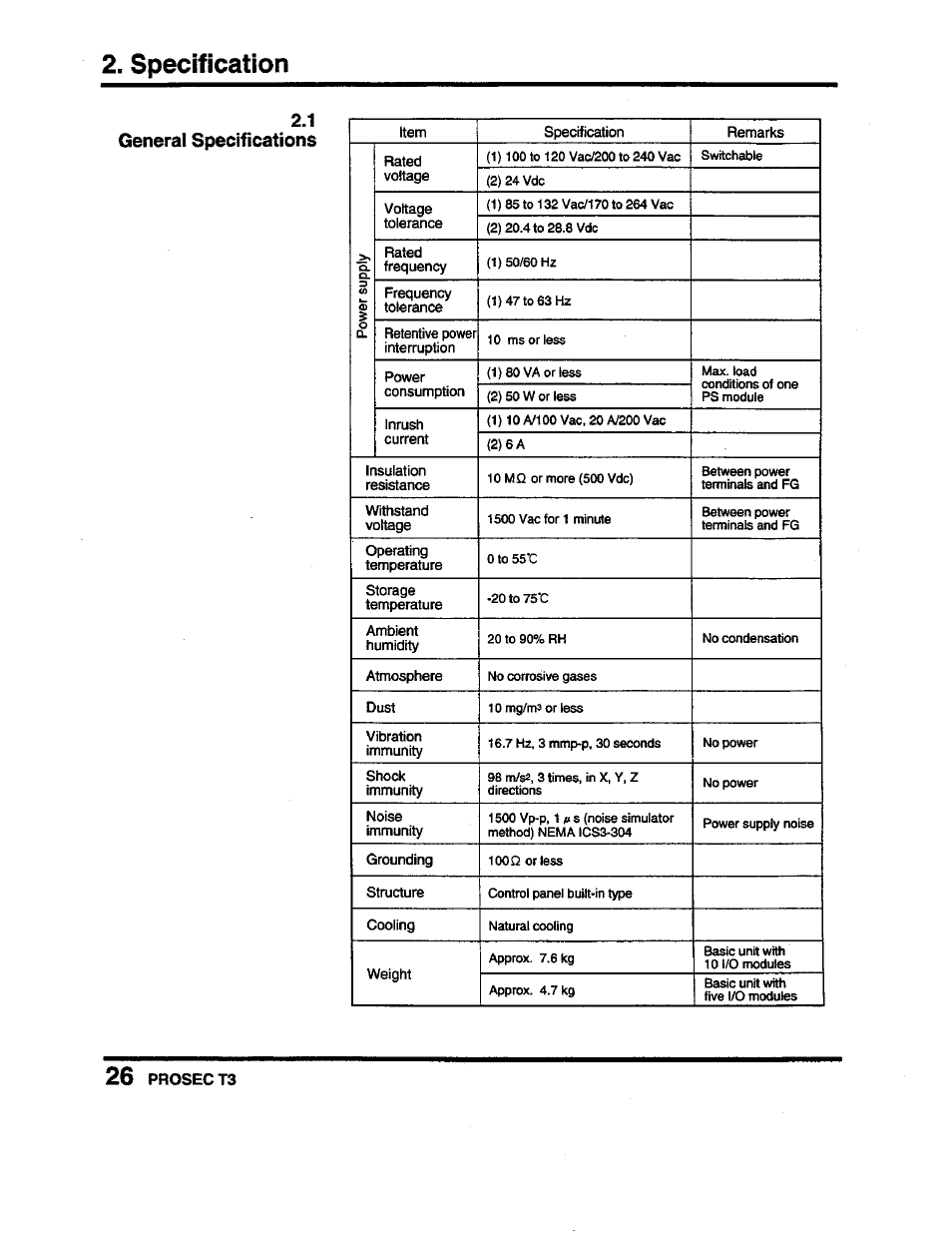 General specifications, 1 general specifications, Specification | Prosec t3 | Toshiba Programmable Controller PROSEC T3 User Manual | Page 34 / 100