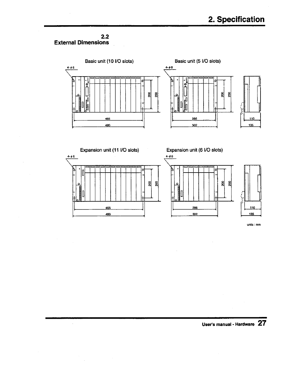 External dimensions, 2 external dimensions, Basic unit (10 i/o slots) | Basic unit (5 i/o slots), Expansion unit (11 i/o slots), Expansion unit (6 i/o slots), Specification | Toshiba Programmable Controller PROSEC T3 User Manual | Page 35 / 100