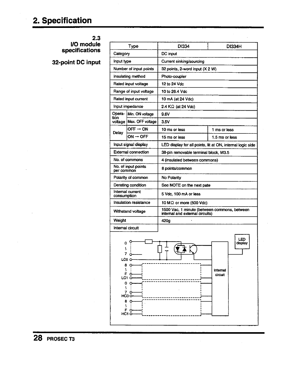 I/o module specifications, Point dc input, 3 i/o module specifications | Specification, 3 i/o module specifications 32-point dc input | Toshiba Programmable Controller PROSEC T3 User Manual | Page 36 / 100