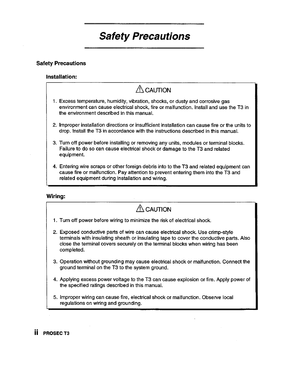 Safety precautions, Installation, Wiring | Toshiba Programmable Controller PROSEC T3 User Manual | Page 4 / 100