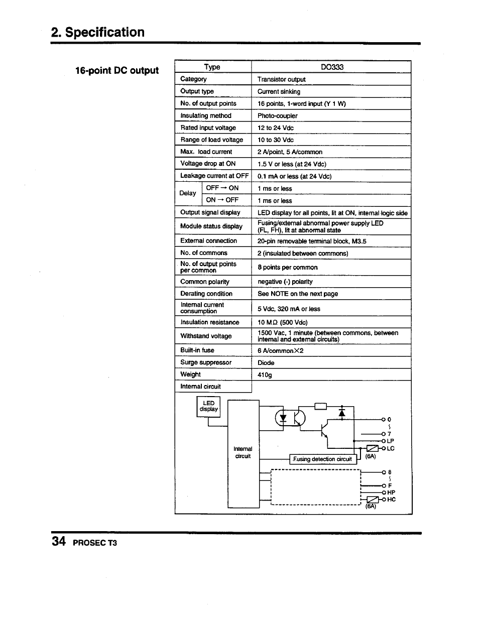Point dc output, Specification | Toshiba Programmable Controller PROSEC T3 User Manual | Page 42 / 100