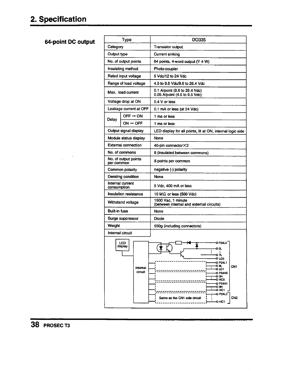Point dc output, Specification | Toshiba Programmable Controller PROSEC T3 User Manual | Page 46 / 100