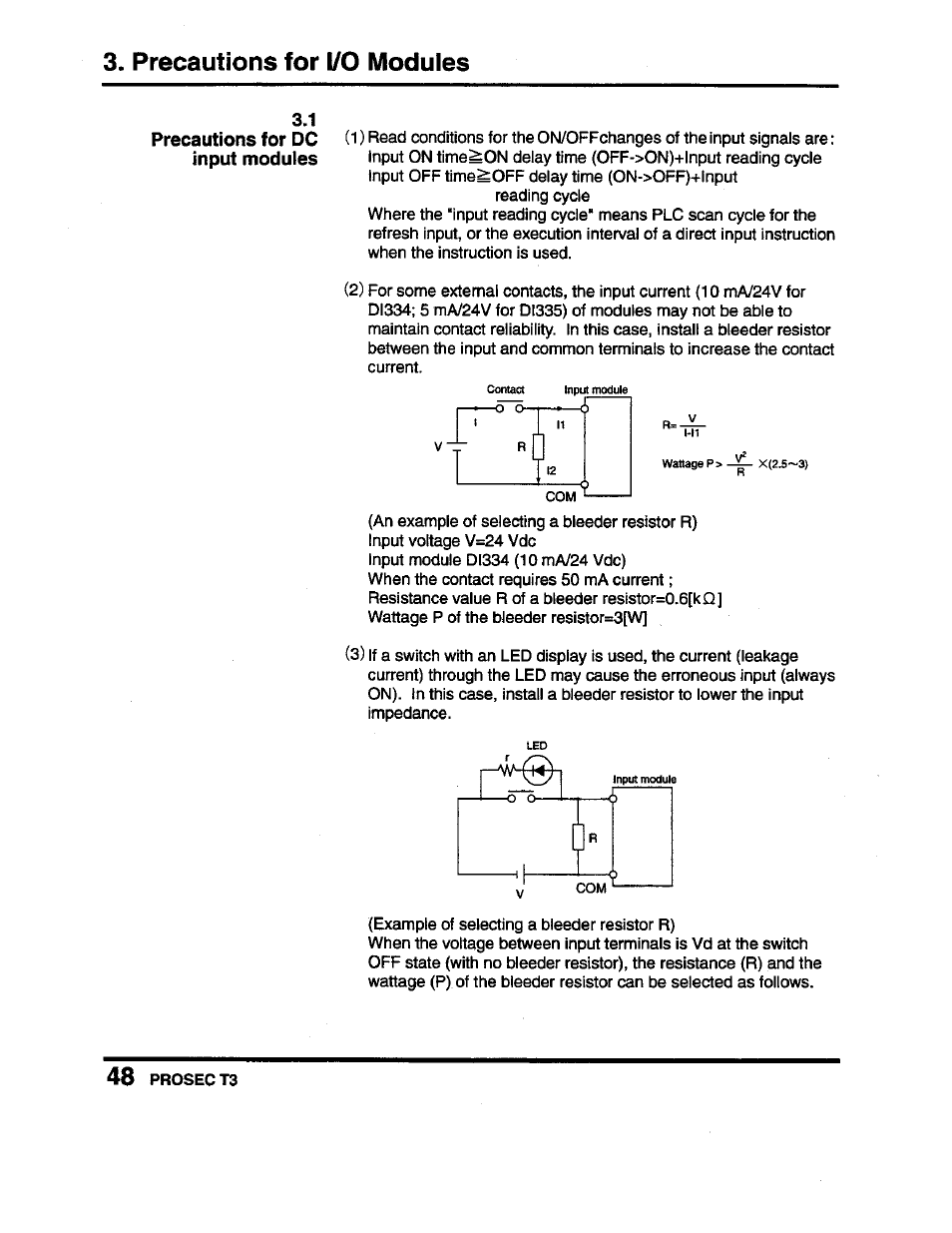 Precautions for i/o modules, I l l, 1 precautions for dc input modules | Toshiba Programmable Controller PROSEC T3 User Manual | Page 56 / 100