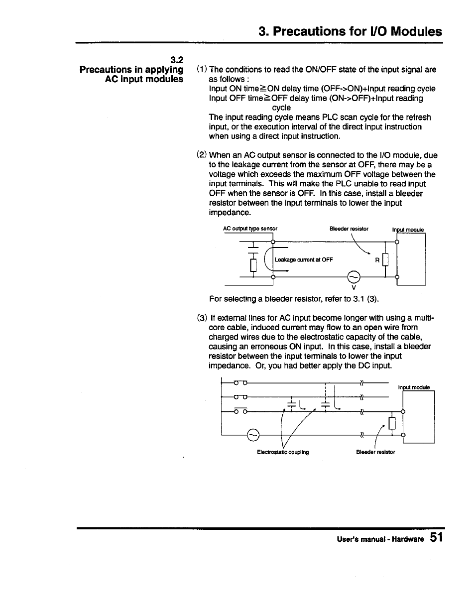 Precautions for i/o modules | Toshiba Programmable Controller PROSEC T3 User Manual | Page 59 / 100
