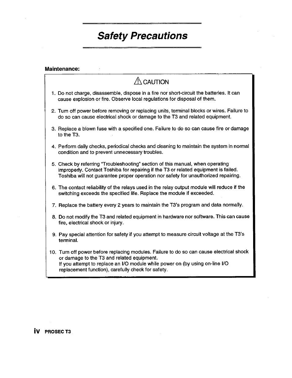 Maintenance, A caution, Safety precautions | Toshiba Programmable Controller PROSEC T3 User Manual | Page 6 / 100