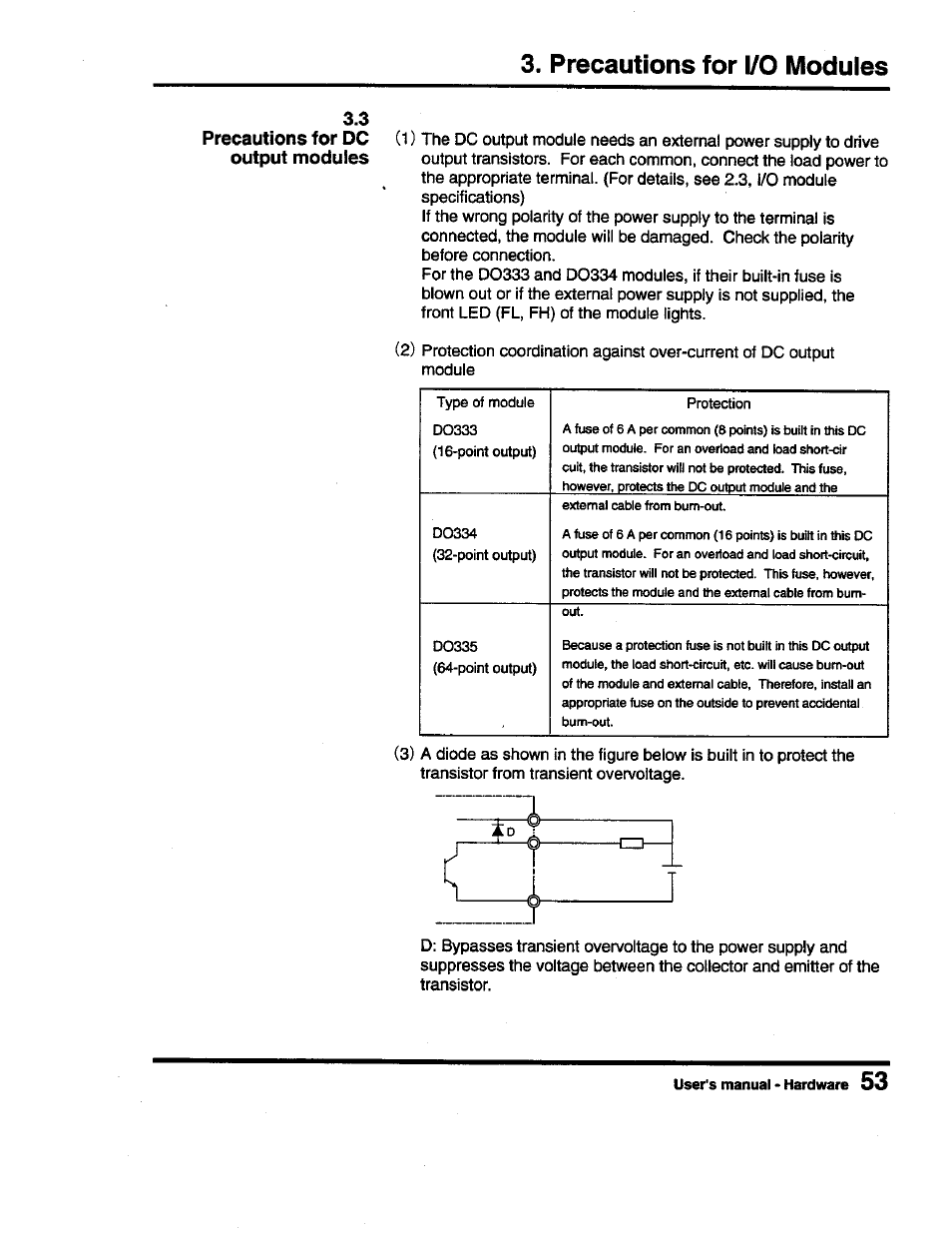Precautions for i/o modules, 3 precautions for dc output modules | Toshiba Programmable Controller PROSEC T3 User Manual | Page 61 / 100