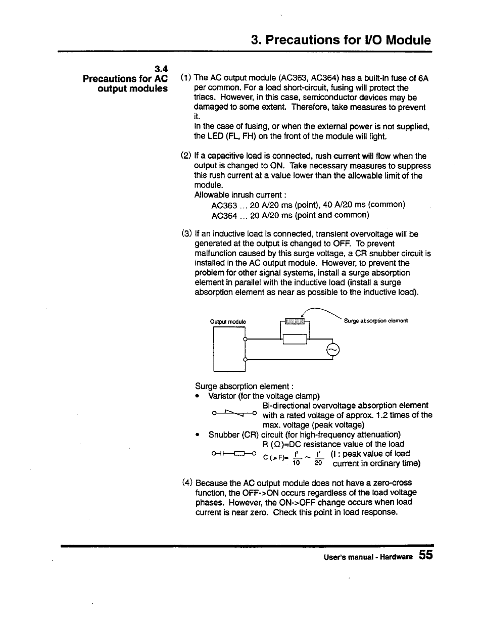 Precautions for i/o module, 4 precautions for ac output modules | Toshiba Programmable Controller PROSEC T3 User Manual | Page 63 / 100