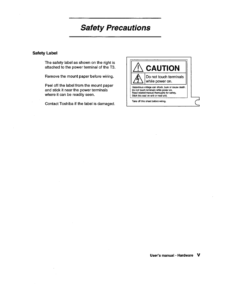 Safety label, Safety precautions, Caution | Toshiba Programmable Controller PROSEC T3 User Manual | Page 7 / 100