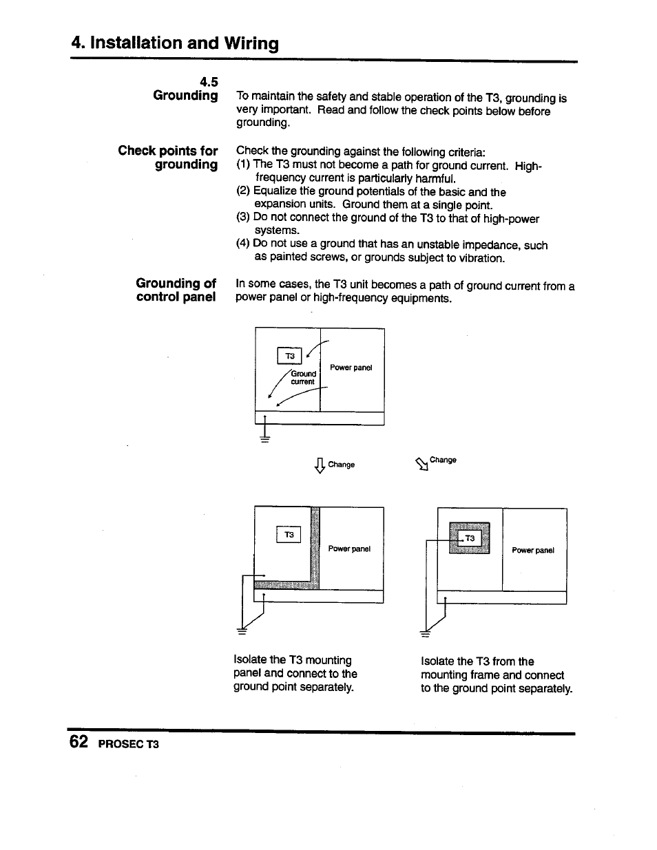 Grounding, Check points for grounding, Grounding of controi panei | 5 grounding, Installation and wiring | Toshiba Programmable Controller PROSEC T3 User Manual | Page 70 / 100