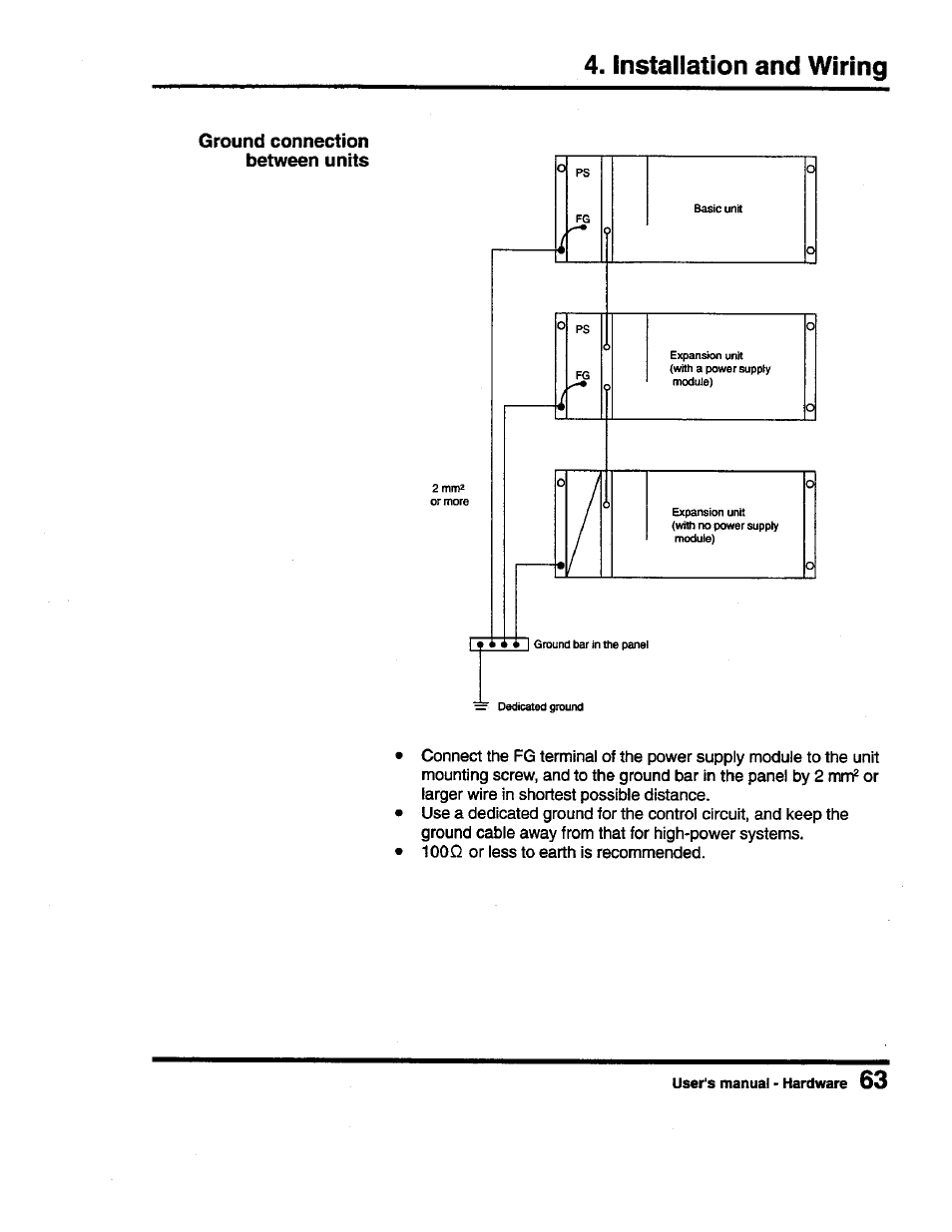 Ground connection between units, Installation and wiring | Toshiba Programmable Controller PROSEC T3 User Manual | Page 71 / 100